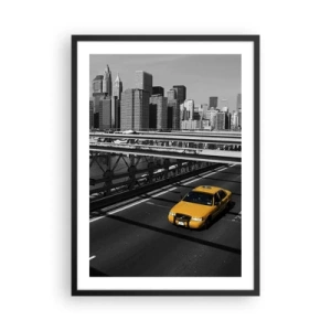 Plagát v čiernom ráme - Žltý taxík na čiernobielom pozadí mesta - 50x70cm - Farba veľkomesta - Moderná nástenná dekorácia do obývacej izby a spálne ARTTOR
