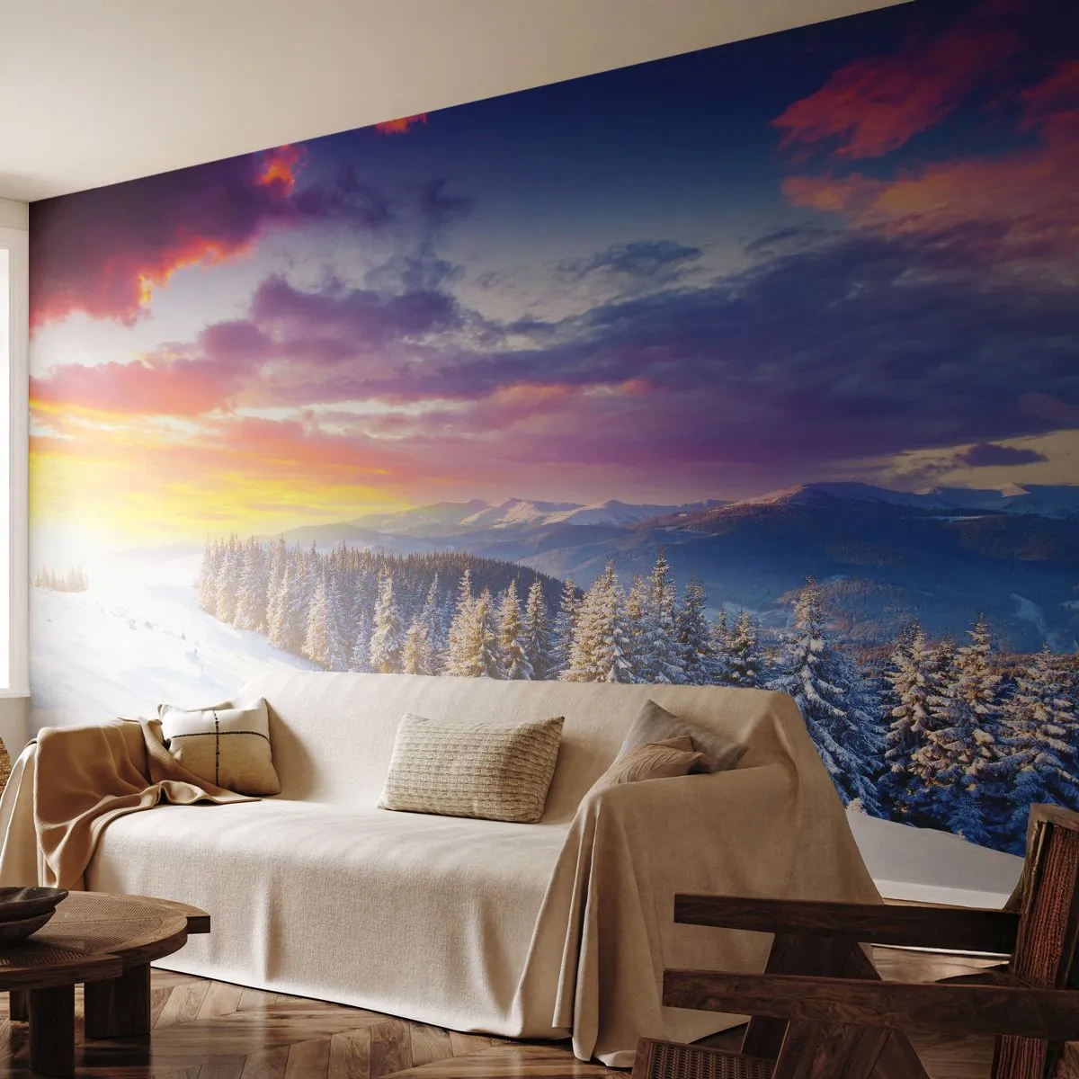 Fototapeta Standard Eco - Zimná horská krajina pri západe slnka - 100x70cm - Za bieleho dňa - Moderná nástenná dekorácia do obývacej izby a spálne ARTTOR