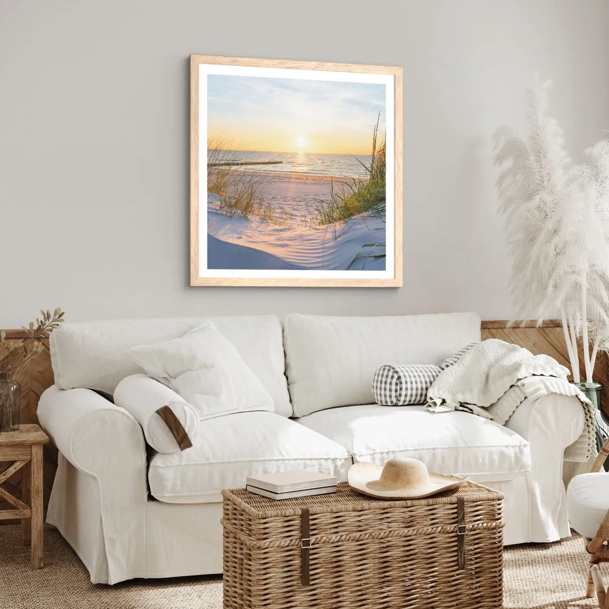Plagát v ráme zo svetlého duba - Šumenie mora, spev vtákov, divoká pláž uprostred trávy… - 60x60 cm