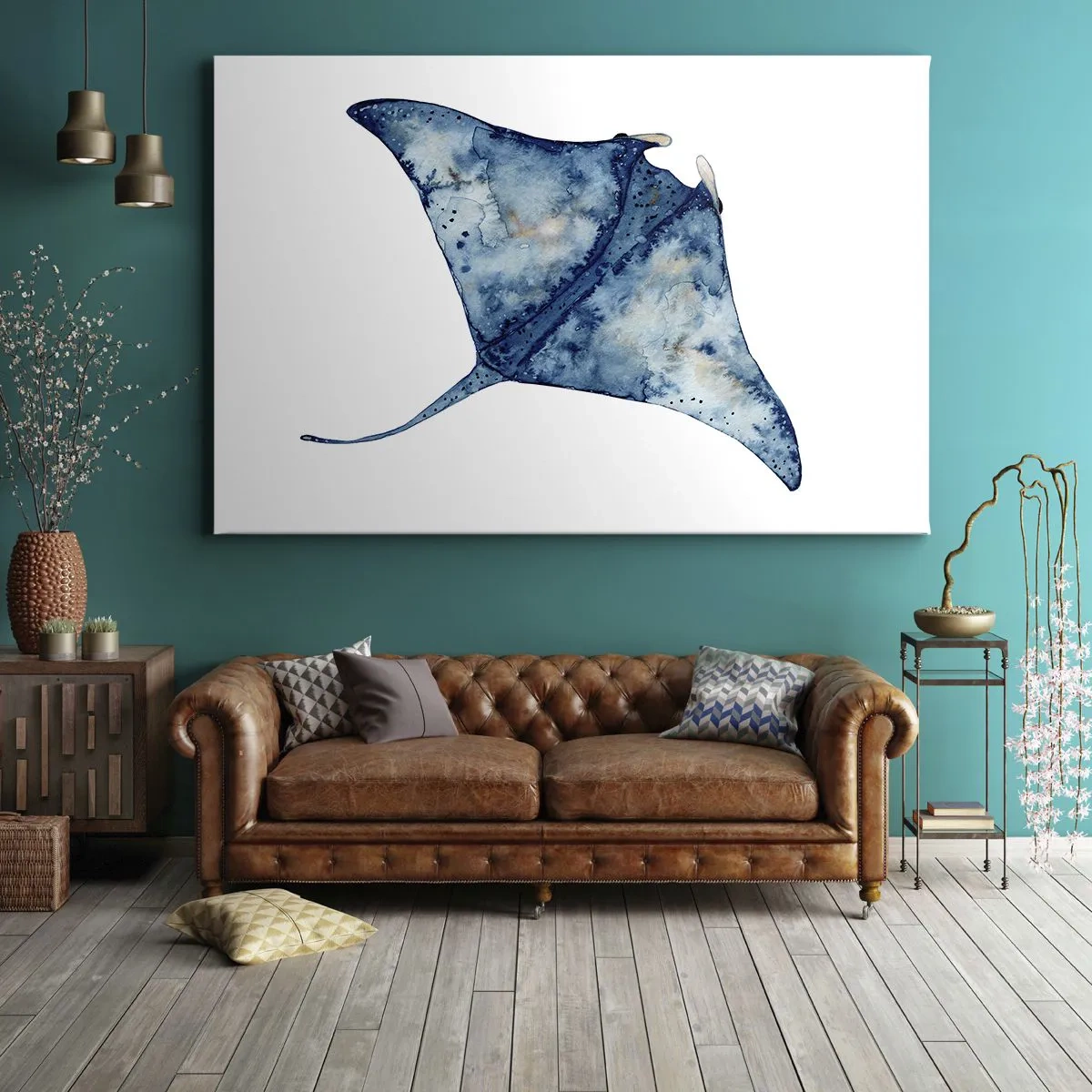 Obraz na plátne - Modrá raja v akvarelovom štýle na bielom pozadí - 70x50cm - Modrý život - Moderná nástenná dekorácia do obývacej izby a spálne ARTTOR