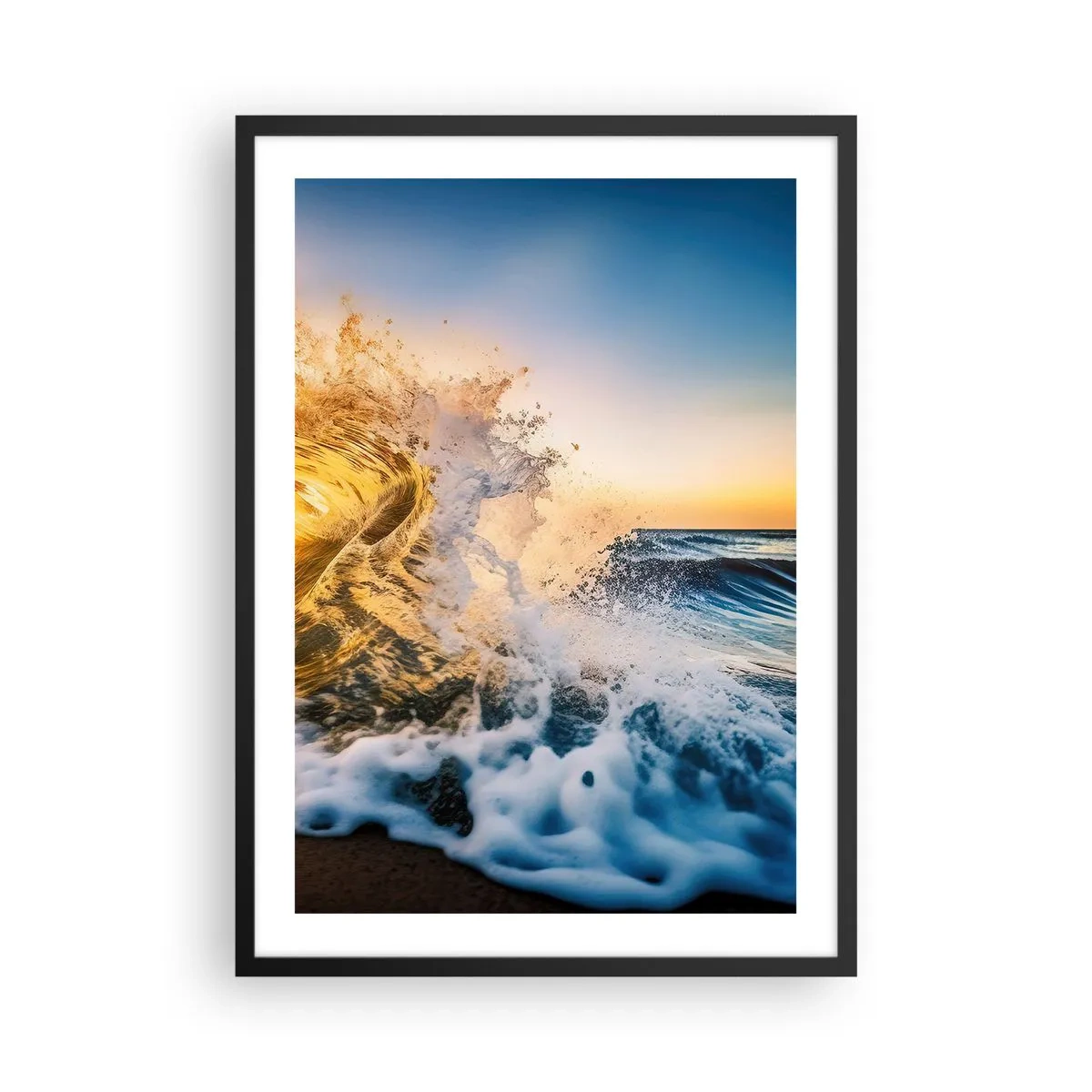 Plagát v čiernom ráme - Dynamická morská vlna narážajúca na pobrežie pri západe slnka - 50x70cm - Hra v piesku - Moderná nástenná dekorácia do obývacej izby a spálne ARTTOR