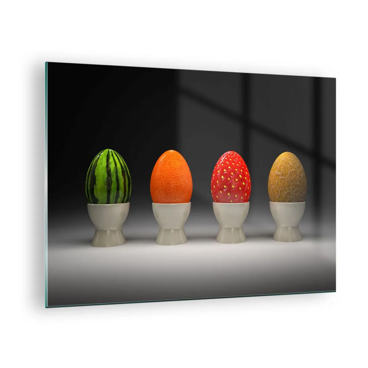 Obraz na skle - Vajcia v ovocných škrupinách na stojane - 70x50cm - Ovocné raňajky - Moderná nástenná dekorácia do obývacej izby a spálne ARTTOR