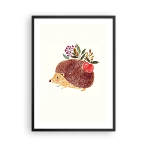 Plagát v čiernom ráme - Roztomilý ježko s jablkom a vetvičkami na svetlom pozadí - 50x70cm - A už ma máš rád - Moderná nástenná dekorácia do obývacej izby a spálne ARTTOR