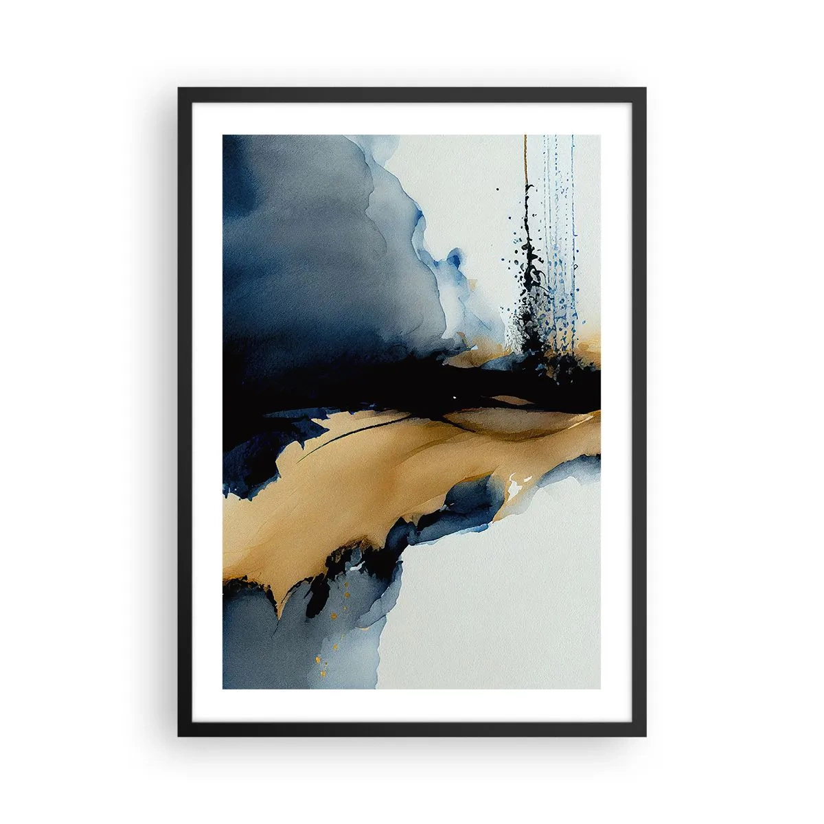 Plagát v čiernom ráme - Abstraktná kompozícia v odtieňoch tmavomodrej a zlatej - 50x70cm - Za závojom - Moderná nástenná dekorácia do obývacej izby a spálne ARTTOR