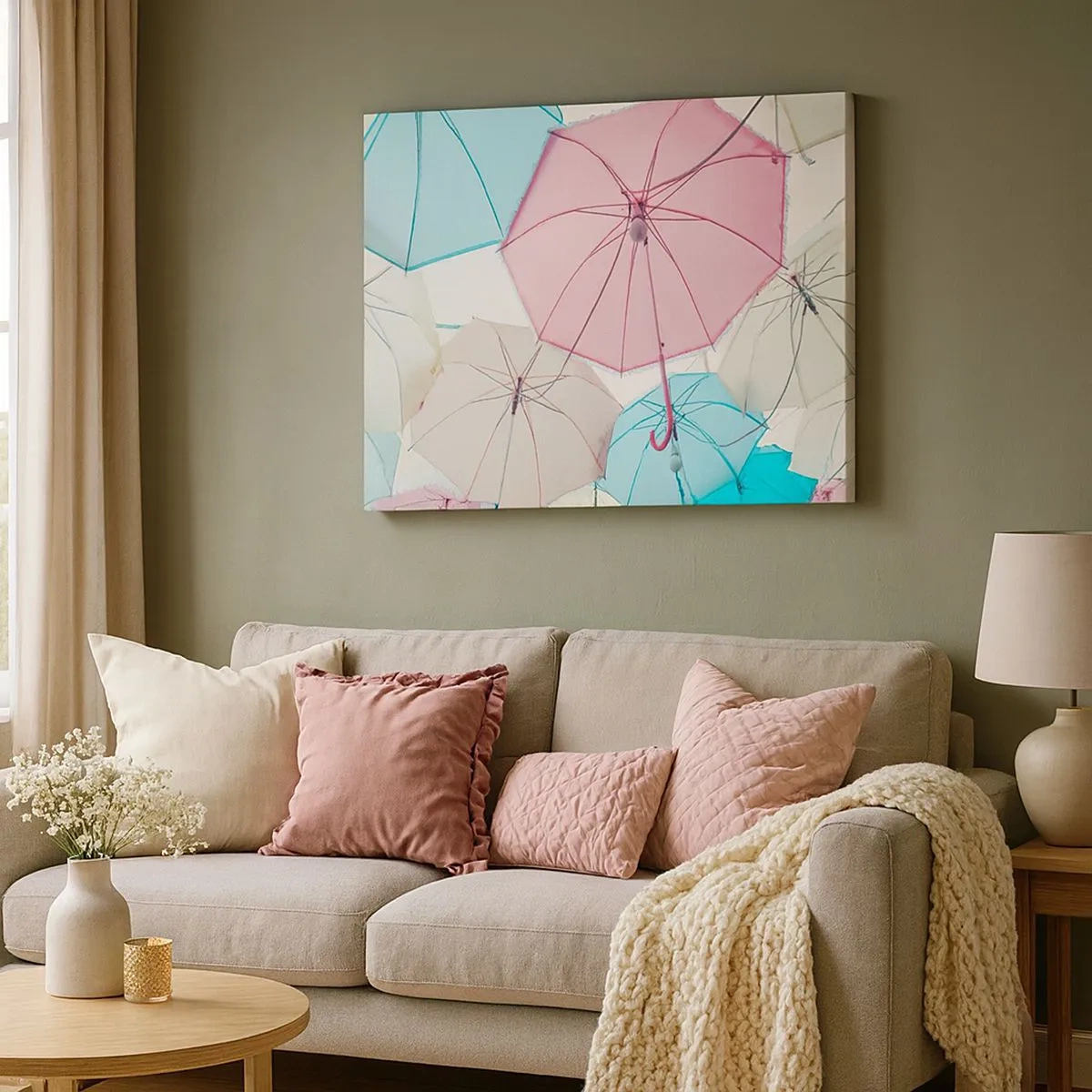 Obraz na plátne - Pastelové dáždniky proti jasnej oblohe - 70x50cm - Občas slnko, občas dážď - Moderná nástenná dekorácia do obývacej izby a spálne ARTTOR