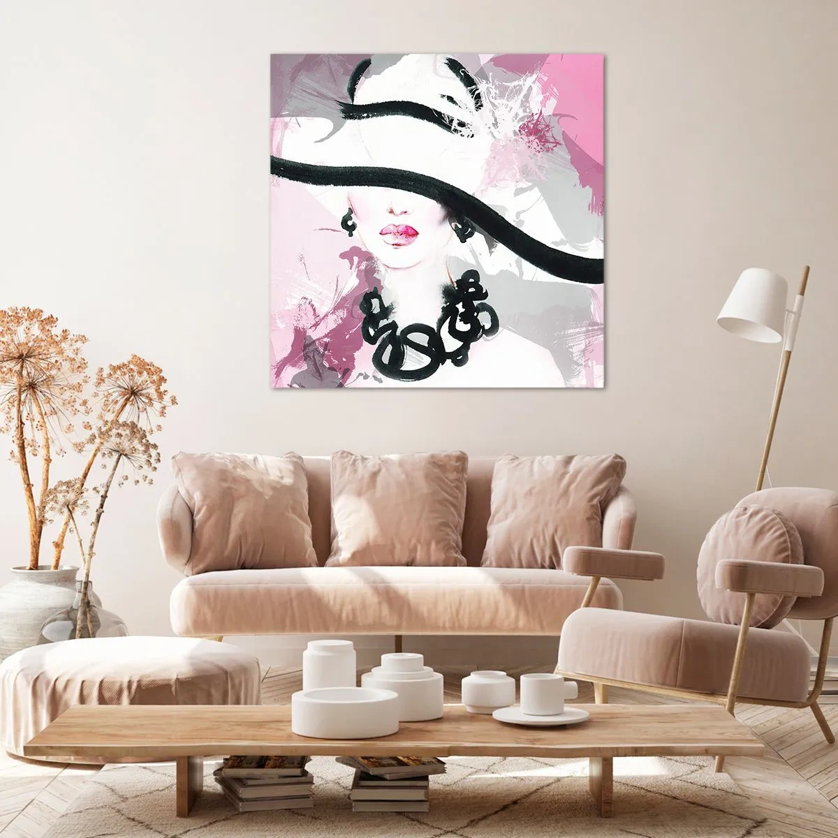 Obraz na plátne - Portrét dámy v čiernej a ružovej - 70x70 cm