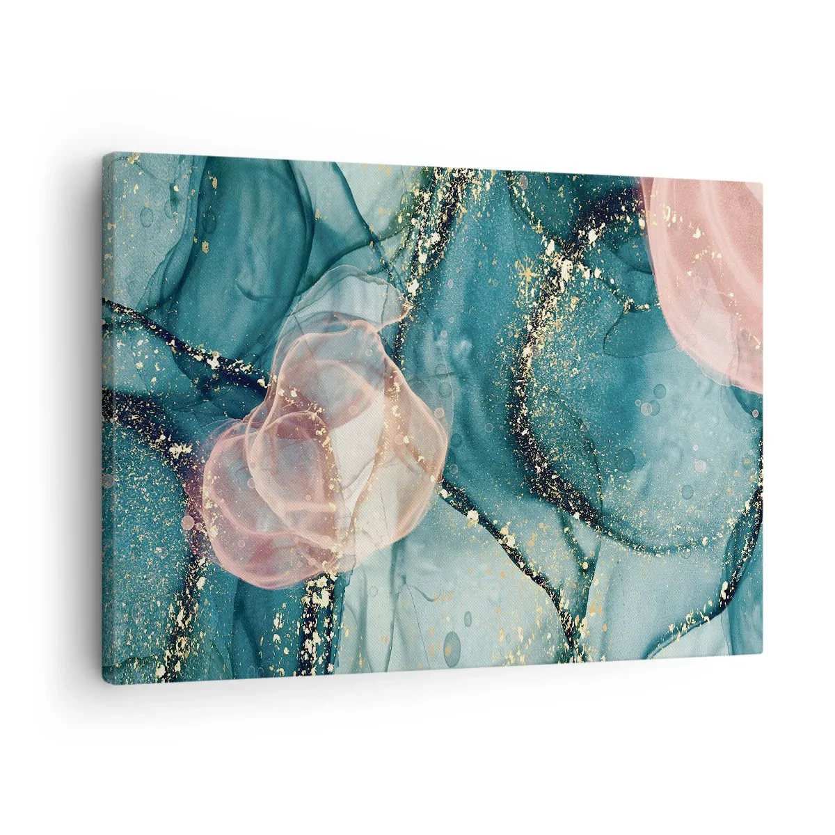Obraz na plátne - Abstraktná kompozícia v odtieňoch tyrkysovej a zlatej. - 70x50cm - Modré hodváb modré, ružový tyl - Moderná nástenná dekorácia do obývacej izby a spálne ARTTOR