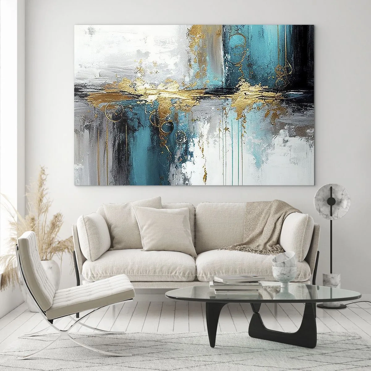 Obraz na skle - Abstrakcia s tyrkysovou a zlatou farbou na bielom pozadí - 70x50cm - Všetko plynie - Moderná nástenná dekorácia do obývacej izby a spálne ARTTOR