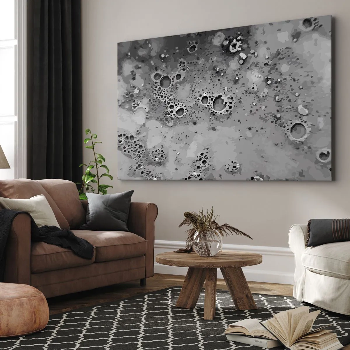 Obraz na plátne - Abstraktný čiernobiely bublinový vzor - 70x50cm - Ako mesačná krajina - Moderná nástenná dekorácia do obývacej izby a spálne ARTTOR