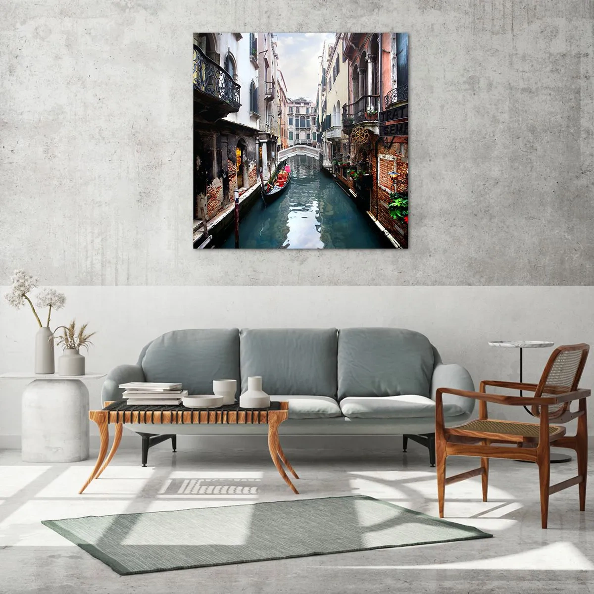 Obraz na skle - Benátska krajina s gondolou a mostíkom - 70x70 cm