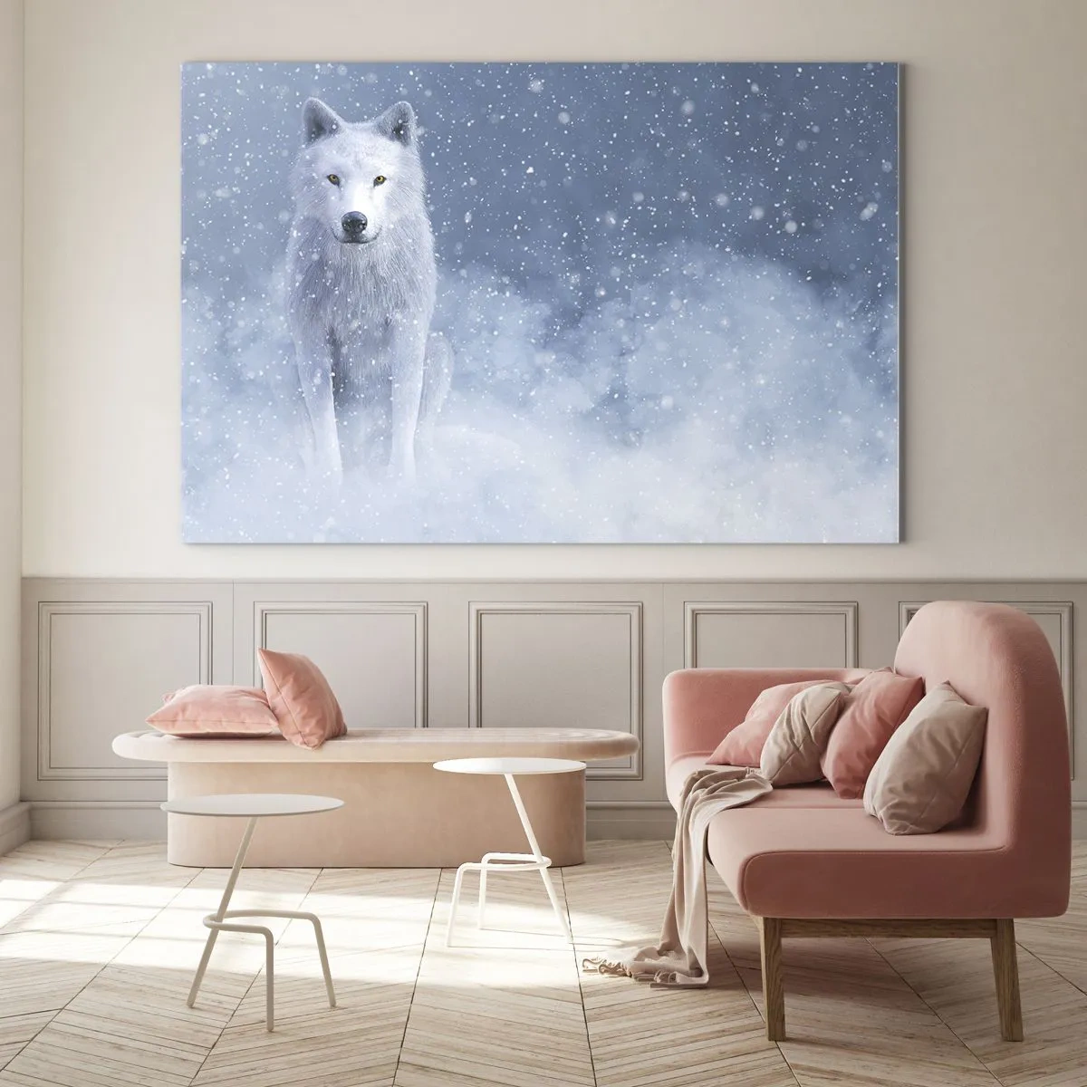 Obraz na skle - Biely vlk v snehovej búrke hľadiaci priamo pred seba - 70x50cm - V zimnom duchu - Moderná nástenná dekorácia do obývacej izby a spálne ARTTOR