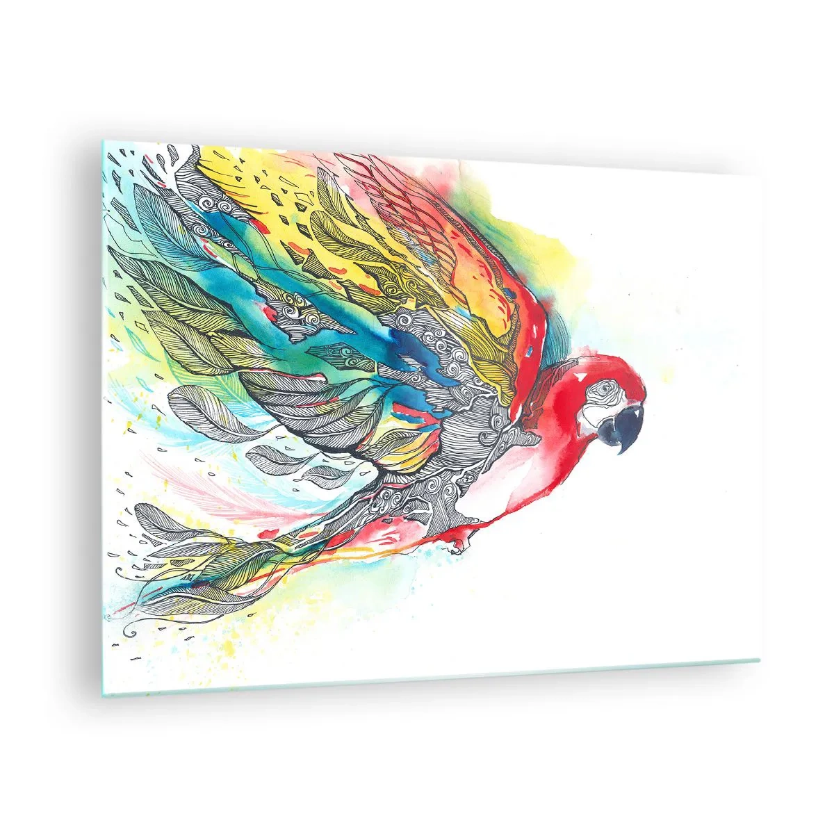 Obraz na skle - Farebný papagáj s umeleckými krídlami a detailmi - 70x50cm - Ži farebne - Moderná nástenná dekorácia do obývacej izby a spálne ARTTOR