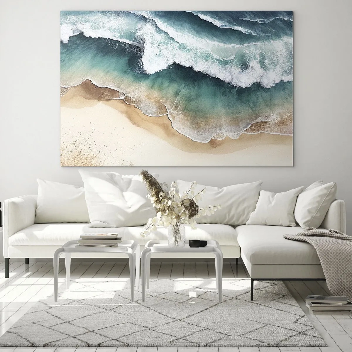 Obraz na skle - Oceánske vlny narážajúce na zlatistú piesočnatú pláž - 70x50cm - Odveké stretnutie - Moderná nástenná dekorácia do obývacej izby a spálne ARTTOR