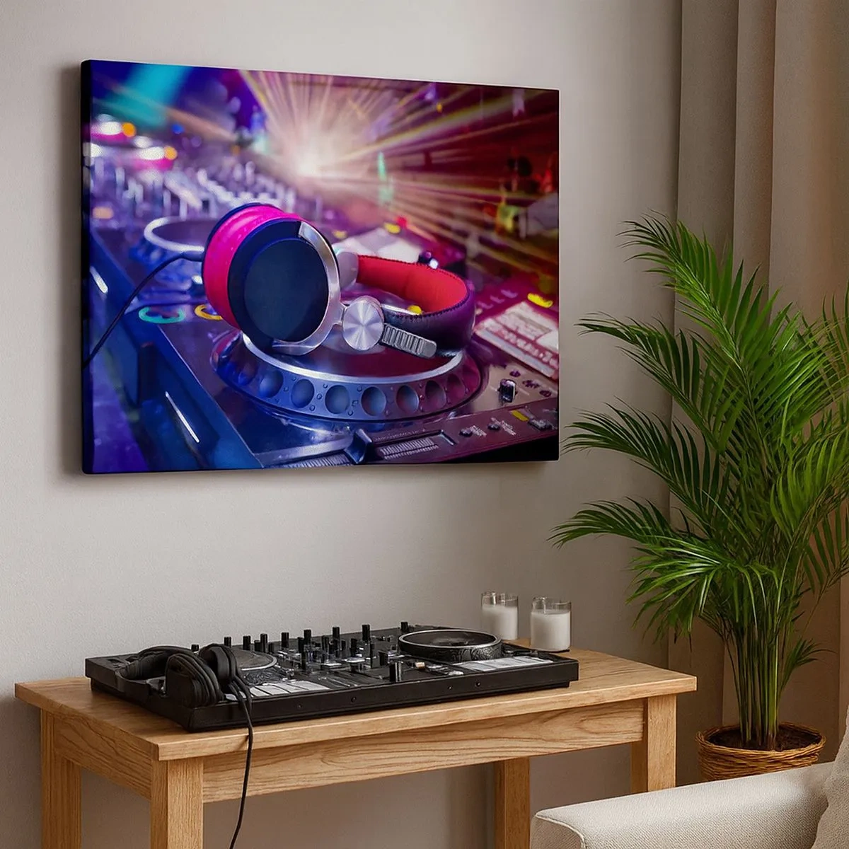 Obraz na plátne - DJ slúchadlá na konzole osvetlenej reflektormi na párty - 70x50cm - Bude, bude sa diať - Moderná nástenná dekorácia do obývacej izby a spálne ARTTOR