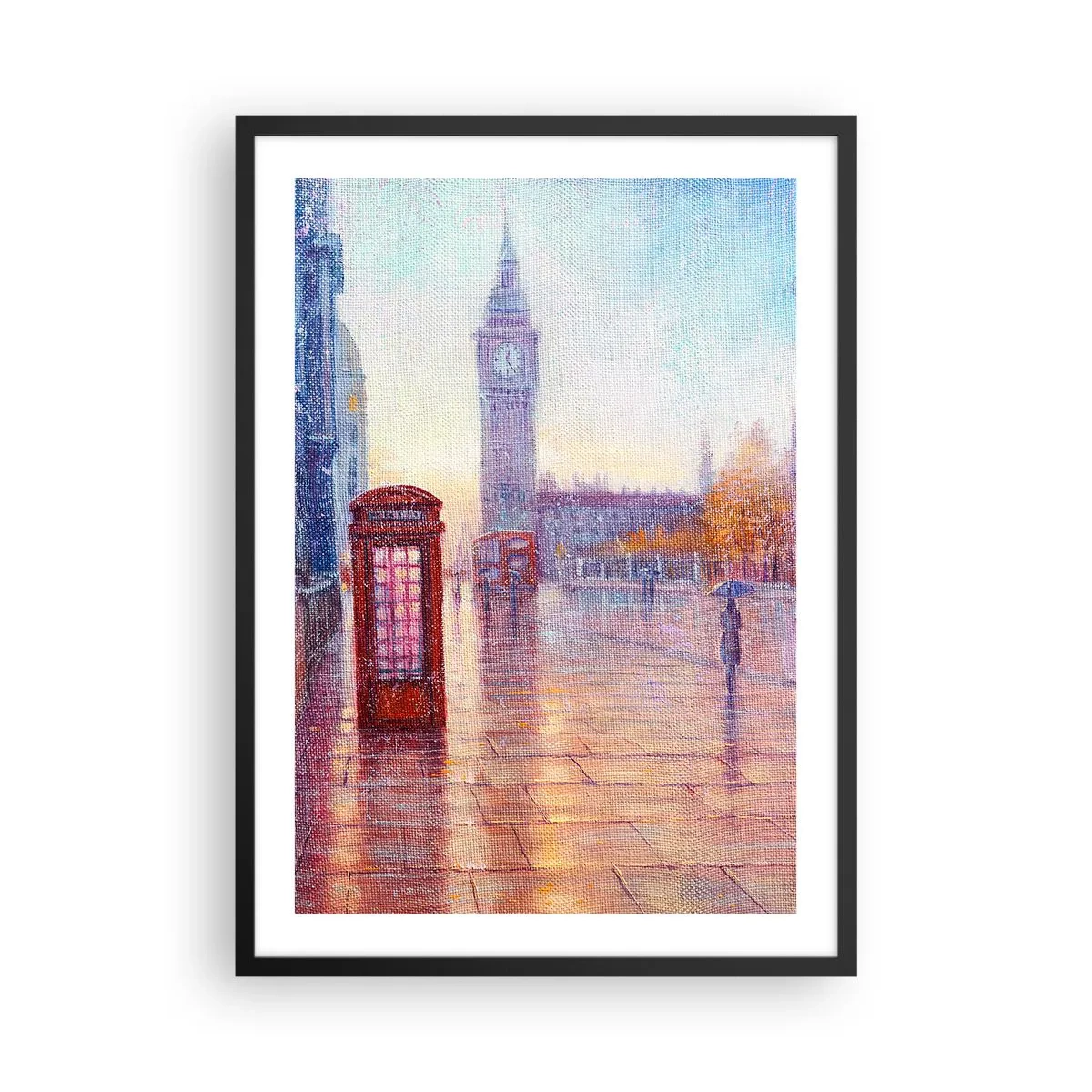 Plagát v čiernom ráme - Big Ben a červená telefónna búdka v daždivý deň - 50x70cm - Londýnsky jesenný deň - Moderná nástenná dekorácia do obývacej izby a spálne ARTTOR