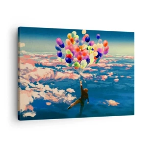 Obraz na plátne - Postava vznášajúca sa nad oblakmi s farebnými balónikmi - 70x50cm - Splnené sny detstva - Moderná nástenná dekorácia do obývacej izby a spálne ARTTOR