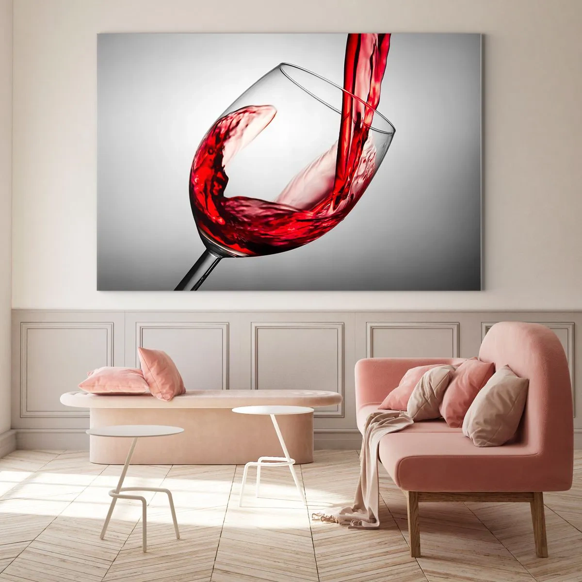 Obraz na skle - Červené víno nalievané do pohára na svetlom pozadí - 70x50cm - Farba - pohyb - zvuk - Moderná nástenná dekorácia do obývacej izby a spálne ARTTOR