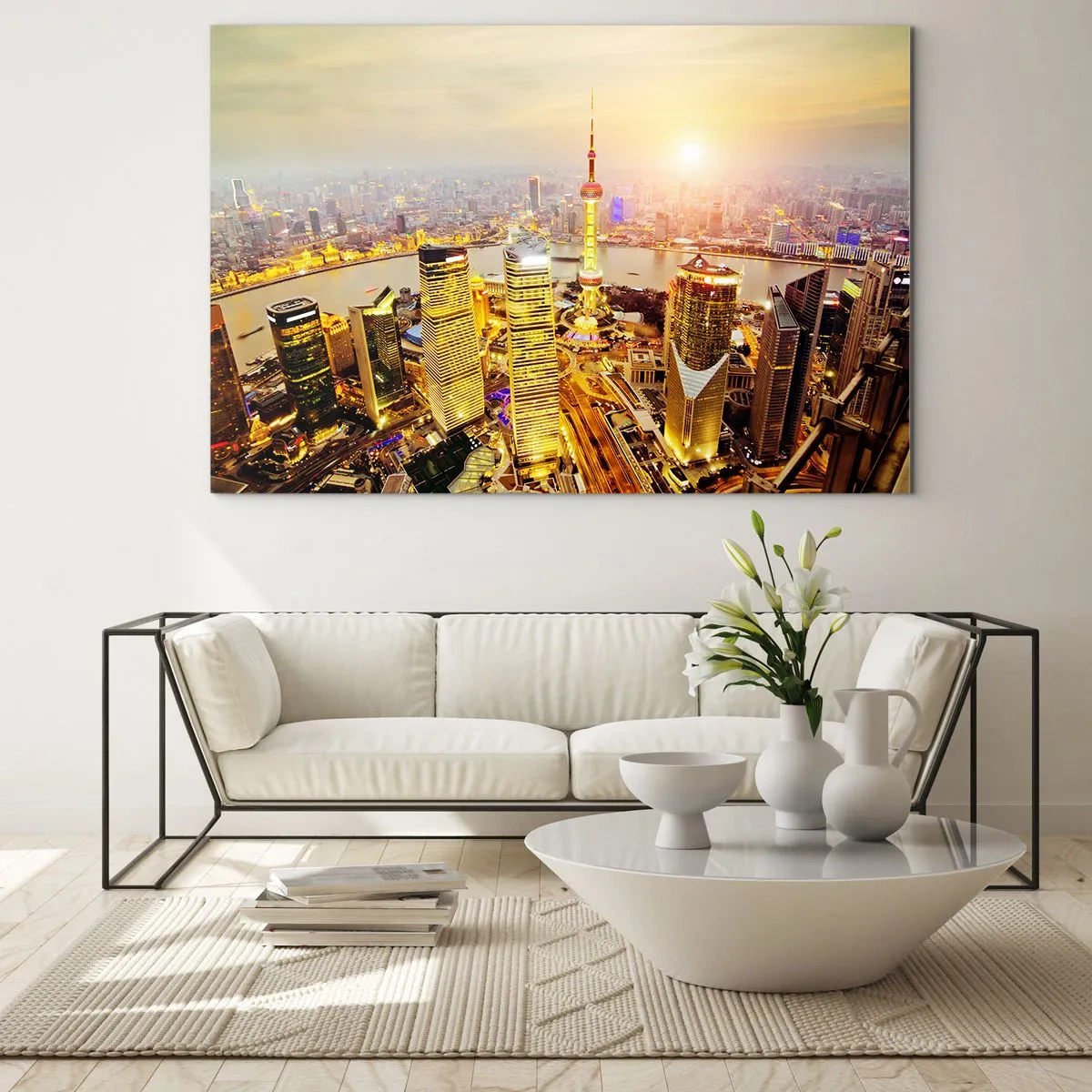 Obraz na skle - Panoráma mesta pri západe slnka s mrakodrapmi - 70x50cm - Ázijský sen - Moderná nástenná dekorácia do obývacej izby a spálne ARTTOR