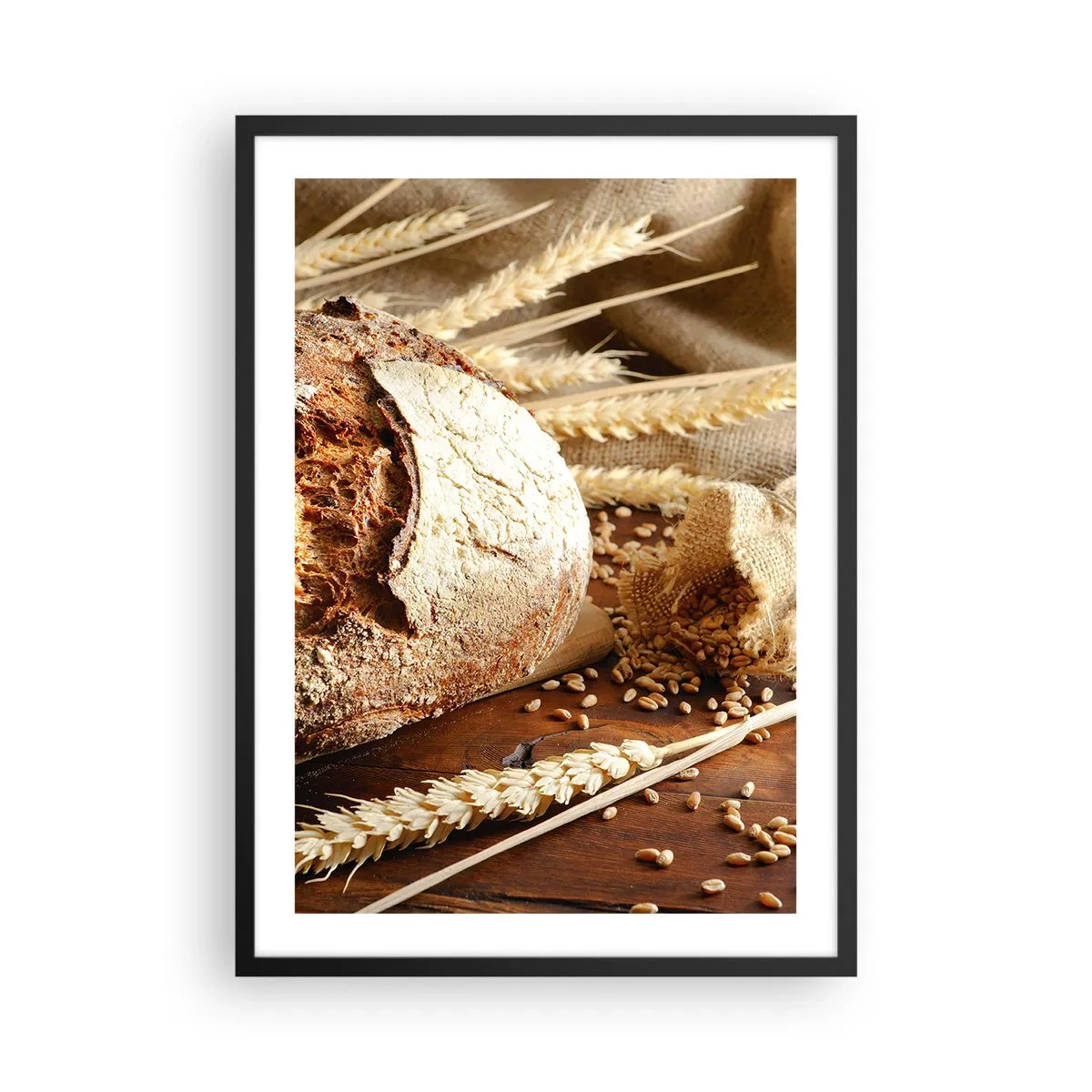 Plagát v čiernom ráme - Chlieb na drevenom stole s klasmi pšenice - 50x70cm - Chutný, voňavý, chrumkavý - Moderná nástenná dekorácia do obývacej izby a spálne ARTTOR