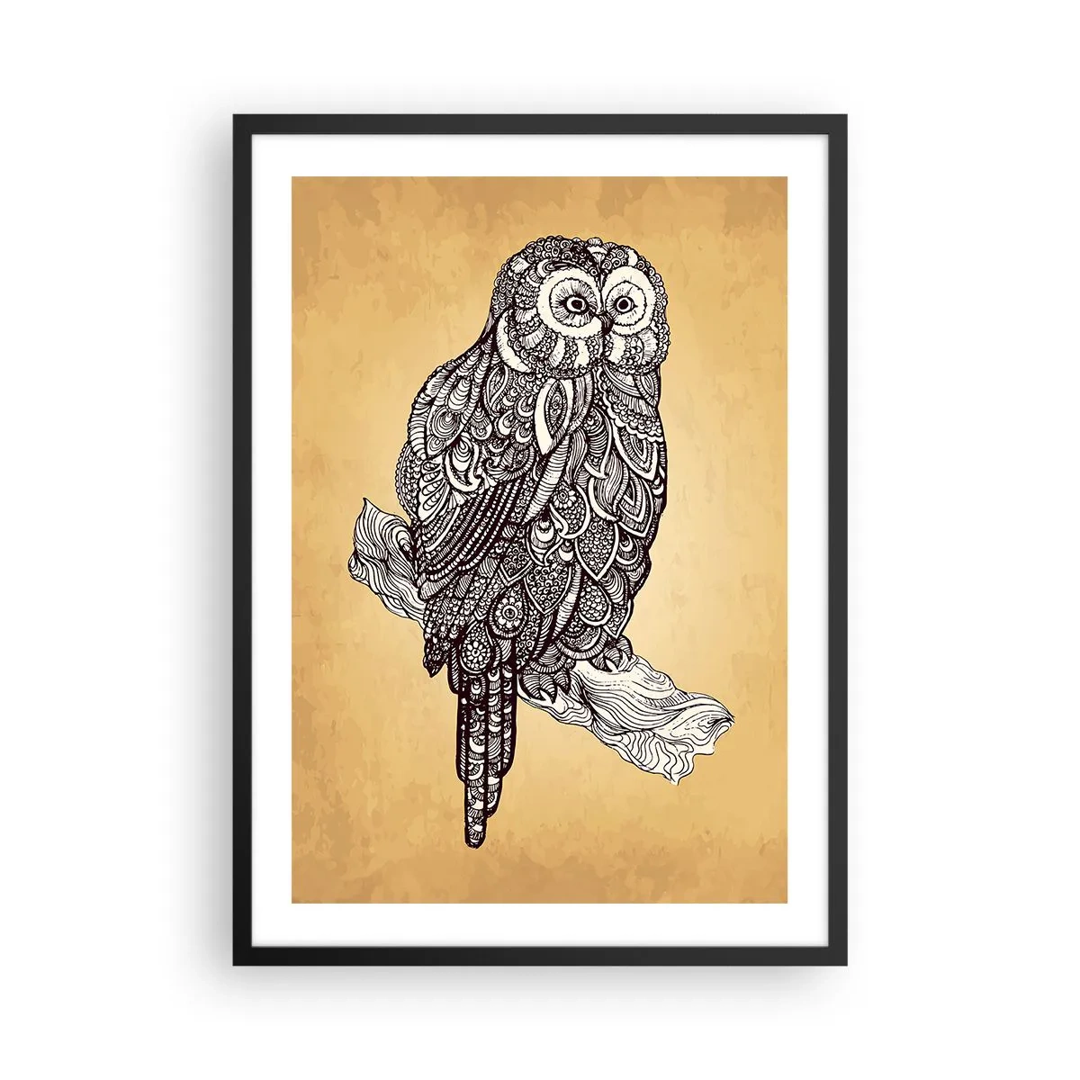 Plagát v čiernom ráme - Štylizovaná sova v ornamentálnom vzore na béžovom pozadí. - 50x70cm - Majstrovské ornamenty múdrosti - Moderná nástenná dekorácia do obývacej izby a spálne ARTTOR