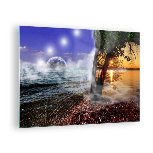 Obraz na skle - Fantastická krajina s morom a planétou - 70x50cm - Surrealistická krajina - jednota prírody - Moderná nástenná dekorácia do obývacej izby a spálne ARTTOR