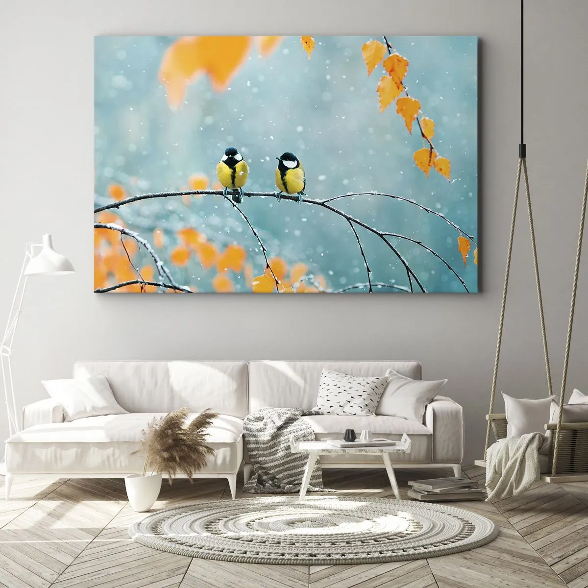 Obraz na plátne - Dva vtáky na konári v zimnom prostredí so žltými listami. - 70x50cm - Vtáčie klebety - Moderná nástenná dekorácia do obývacej izby a spálne ARTTOR