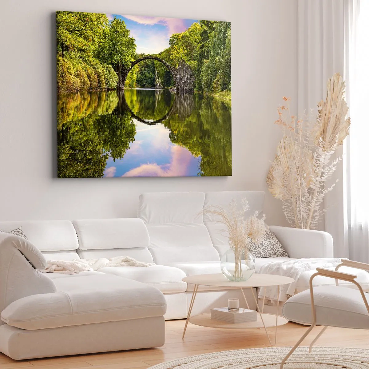 Obraz na plátne - Kamenný most cez rieku s dokonalým odrazom vo vode - 70x50cm - Na rozhraní dvoch svetov - Moderná nástenná dekorácia do obývacej izby a spálne ARTTOR