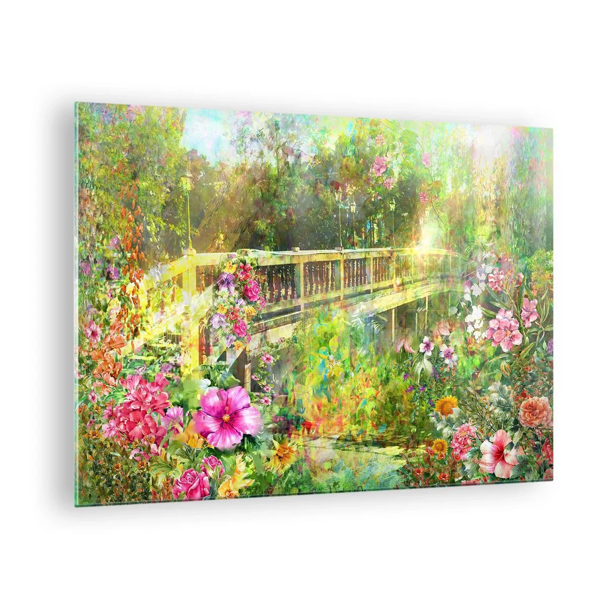 Obraz na skle - Most obklopený bujnou vegetáciou a farebnými kvetmi - 70x50cm - Mostík jarného vzdychania - Moderná nástenná dekorácia do obývacej izby a spálne ARTTOR