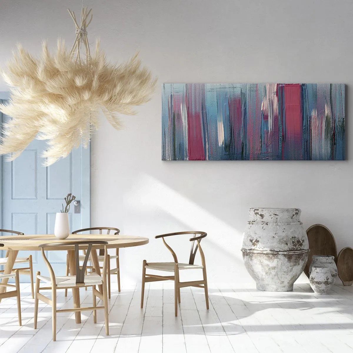 Obraz na plátne - Vertikálna kompozícia v modrej a červenej - 100x40 cm