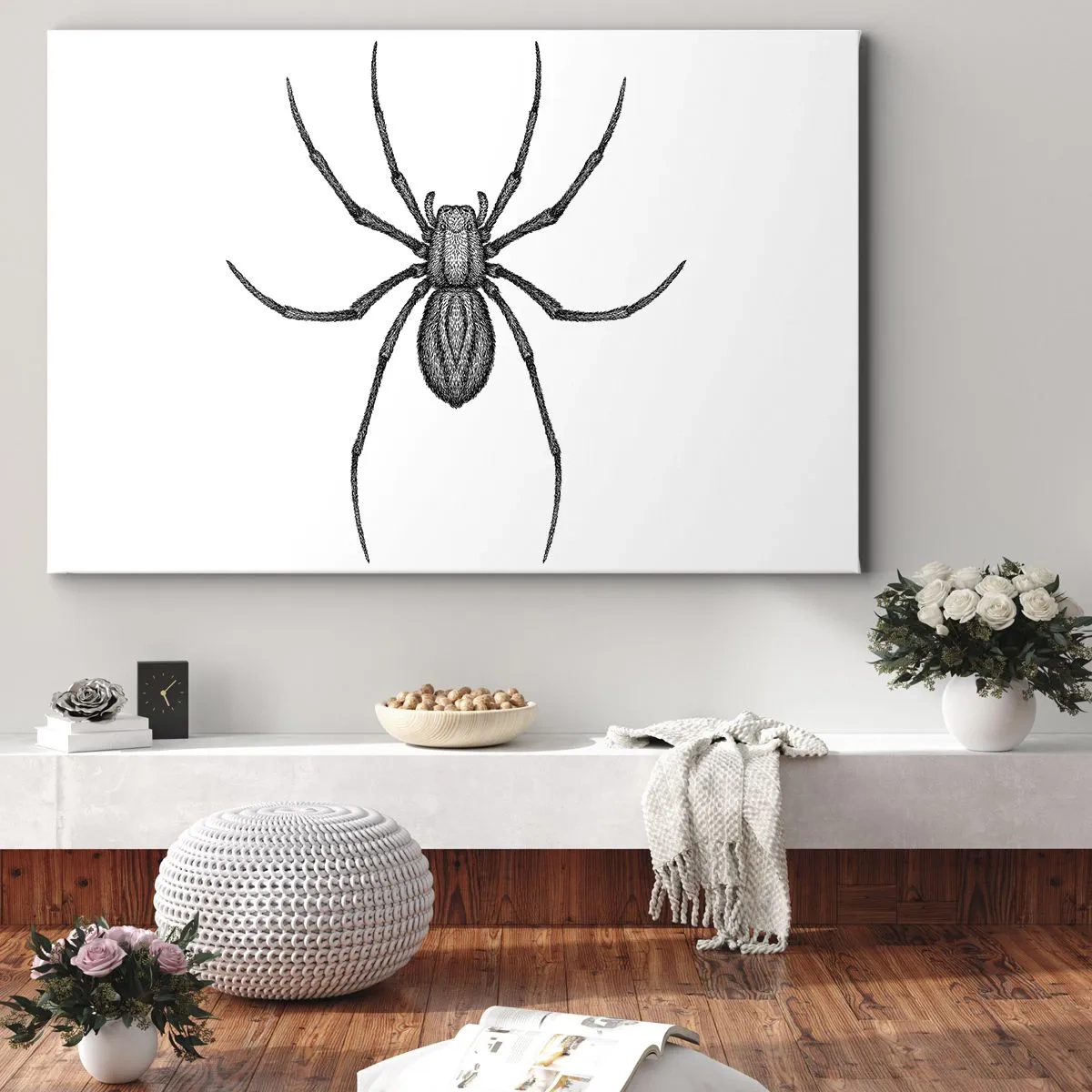Obraz na plátne - Detail pavúka na bielom pozadí v kreslenom štýle - 70x50cm - Znepokojivá presnosť - Moderná nástenná dekorácia do obývacej izby a spálne ARTTOR