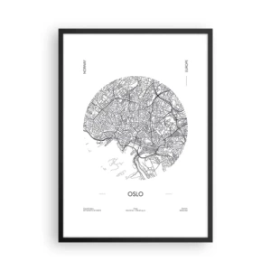 Plagát v čiernom ráme - Minimalistická čiernobiela mapa Osla - 50x70cm - Anatómia Osla - Moderná nástenná dekorácia do obývacej izby a spálne ARTTOR