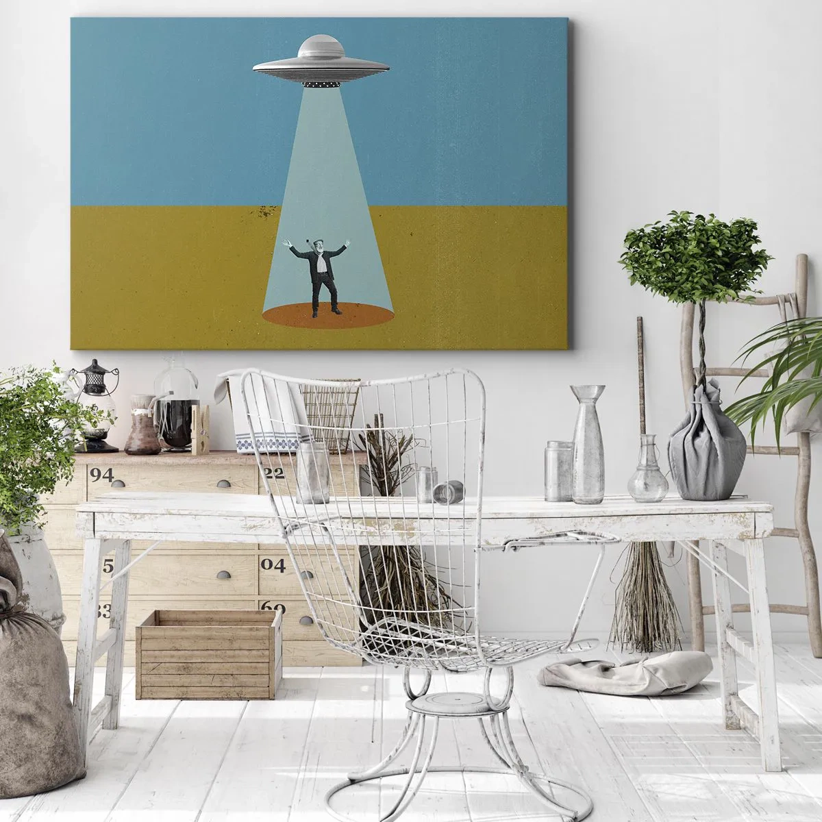 Obraz na plátne - Muž vo svetle UFO na pozadí farebnej krajiny - 70x50cm - Blízke stretnutie - Moderná nástenná dekorácia do obývacej izby a spálne ARTTOR