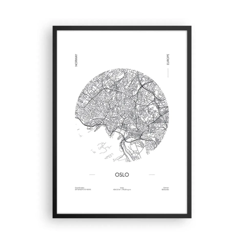 Plagát v čiernom ráme - Minimalistická čiernobiela mapa Osla - 50x70cm - Anatómia Osla - Moderná nástenná dekorácia do obývacej izby a spálne ARTTOR