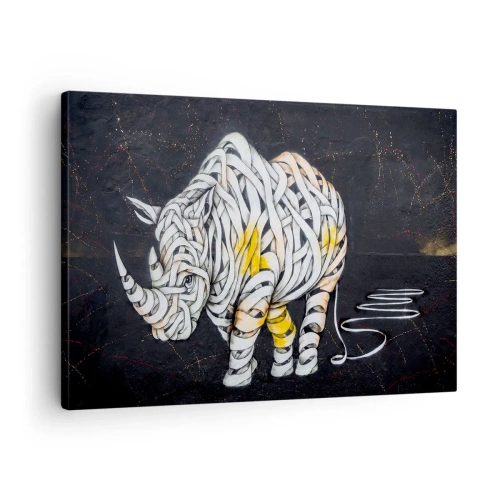 Obraz na plátne - Vyrezávaný nosorožec s abstraktnými pruhmi na tmavom pozadí. - 70x50cm - Neciteľnosť je mýtus - Moderná nástenná dekorácia do obývacej izby a spálne ARTTOR
