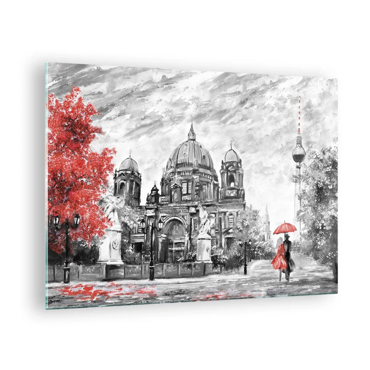 Obraz na skle - Berlínska katedrála s červeným akcentom v monochromatických tónoch - 70x50cm - Berlínske stretnutie - Moderná nástenná dekorácia do obývacej izby a spálne ARTTOR