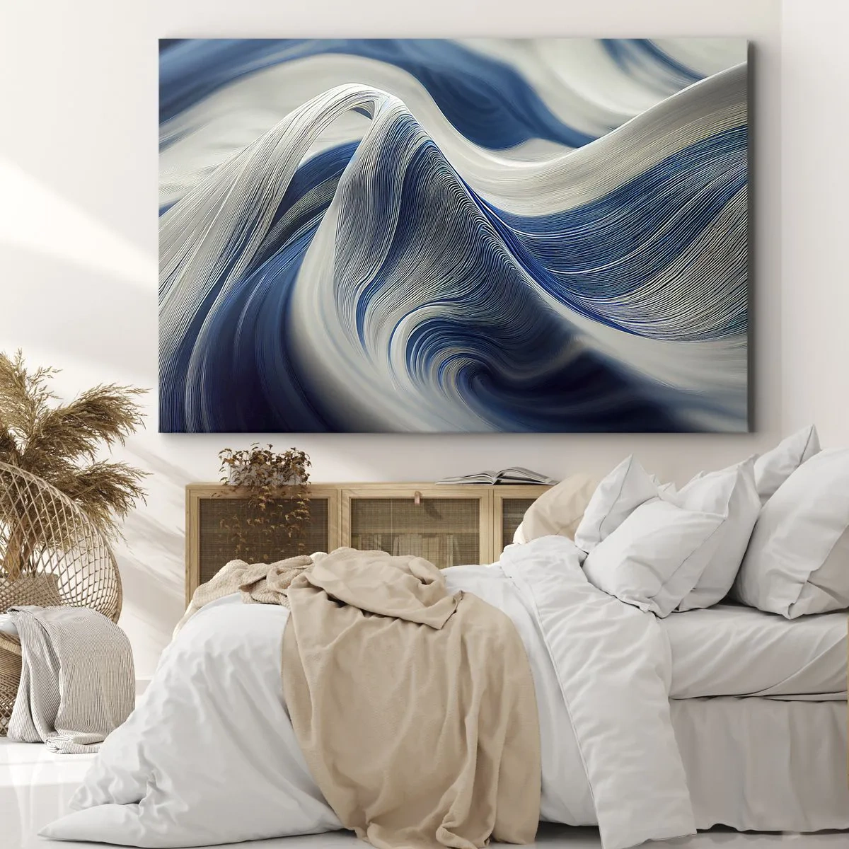 Obraz na plátne - Abstraktné vlny v odtieňoch modrej a bielej - 70x50cm - Plynulosť modrej a bielej - Moderná nástenná dekorácia do obývacej izby a spálne ARTTOR