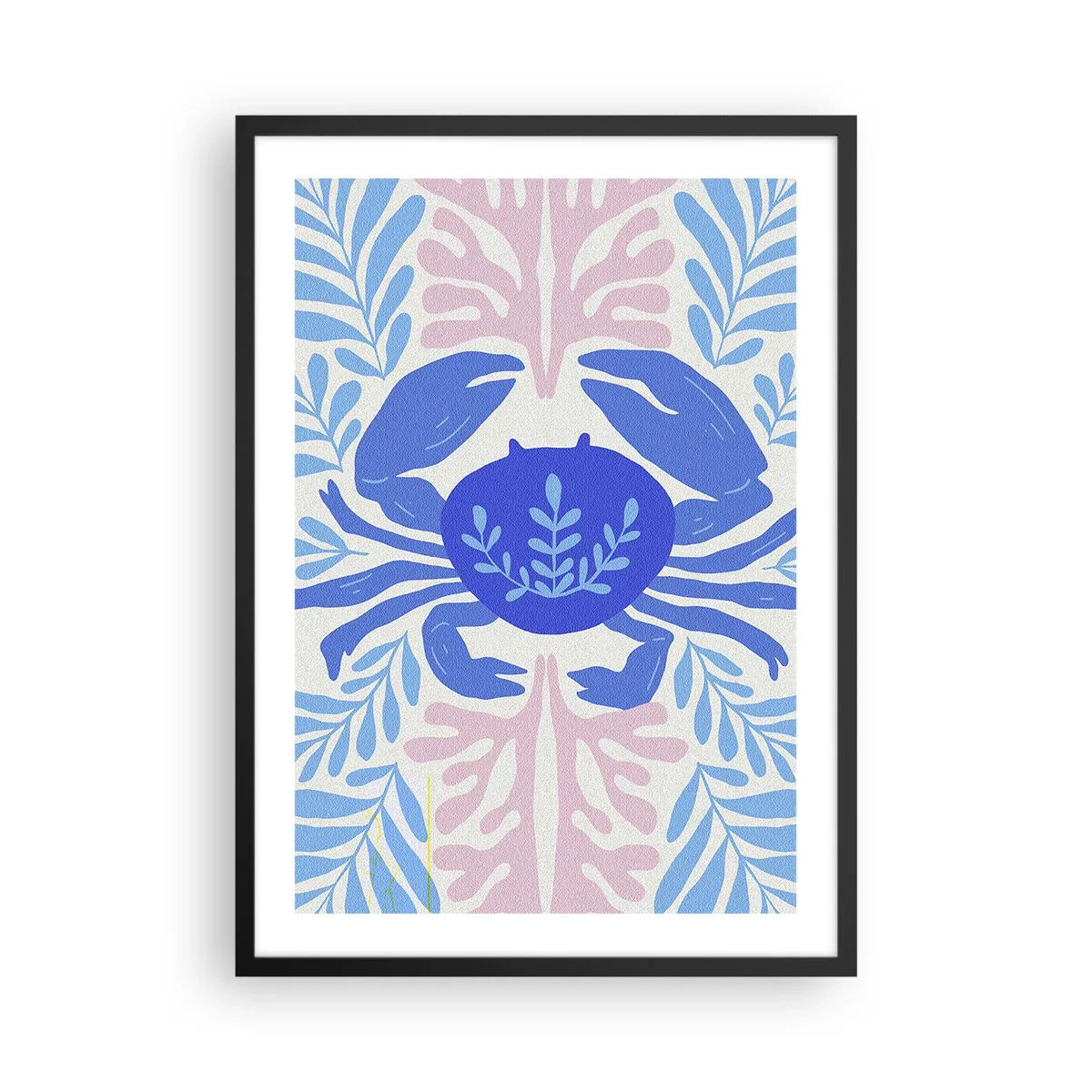 Plagát v čiernom ráme - Dekoratívny modrý krab obklopený morskými rastlinami. - 50x70cm - Ako morský kvet - Moderná nástenná dekorácia do obývacej izby a spálne ARTTOR