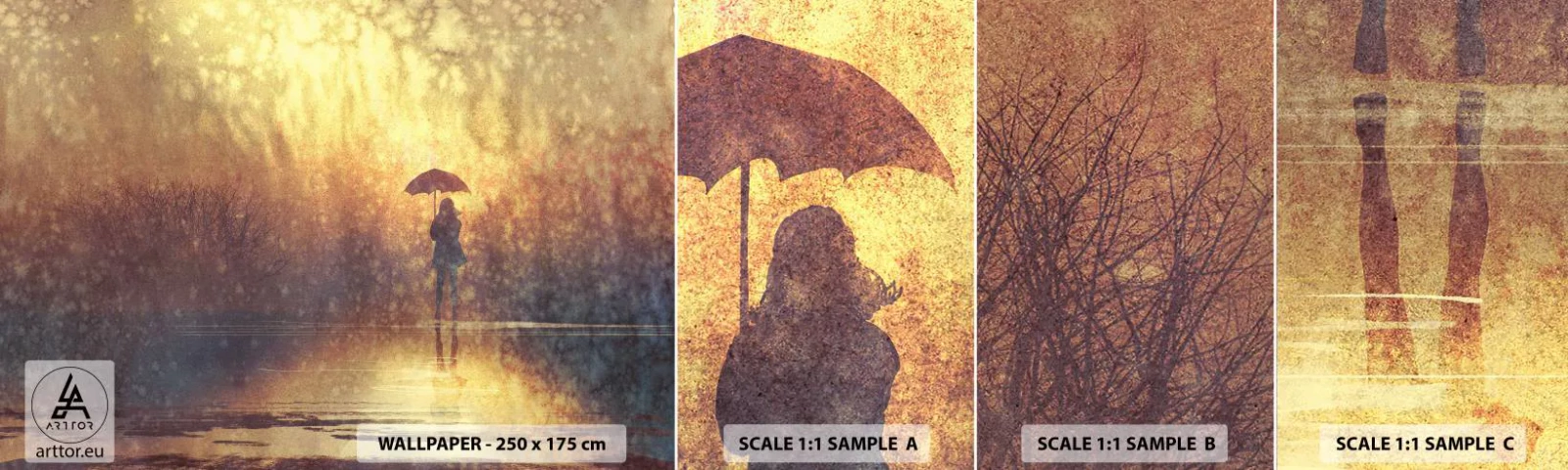 Vzorka samolepiacej fototapety Deluxe Sticker - Cítim, že sa na mňa niekto pozerá - Abstrakcia, Žena, Prechádzka v daždi - 100x30 cm