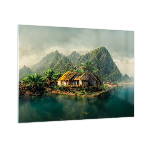 Obraz na skle - Tropická dedinka pri vode obklopená horami a palmami - 70x50cm - Tropický raj - Moderná nástenná dekorácia do obývacej izby a spálne ARTTOR
