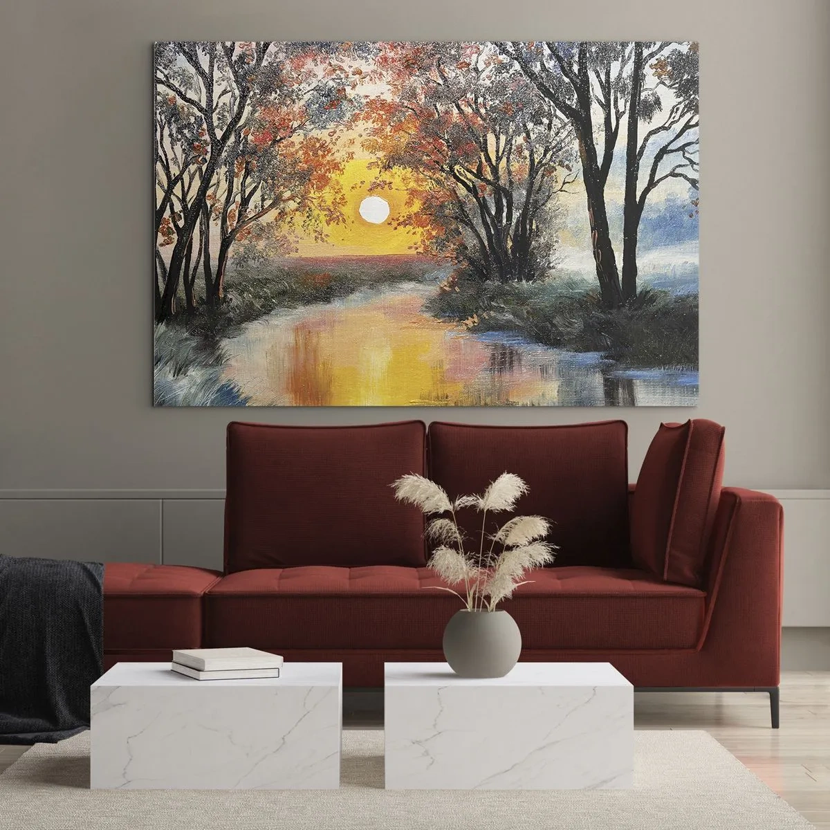 Obraz na skle - Západ slnka nad riekou medzi stromami - 70x50cm - Jesenný nádych - Moderná nástenná dekorácia do obývacej izby a spálne ARTTOR
