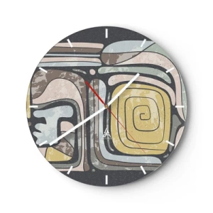 Nástenné hodiny - Abstraktné tvary so špirálovým motívom v etnickom štýle - 30x30cm - Abstrakcia v predkolumbovskom duchu - Moderná nástenná dekorácia do obývacej izby, kuchyne a spálne ARTTOR