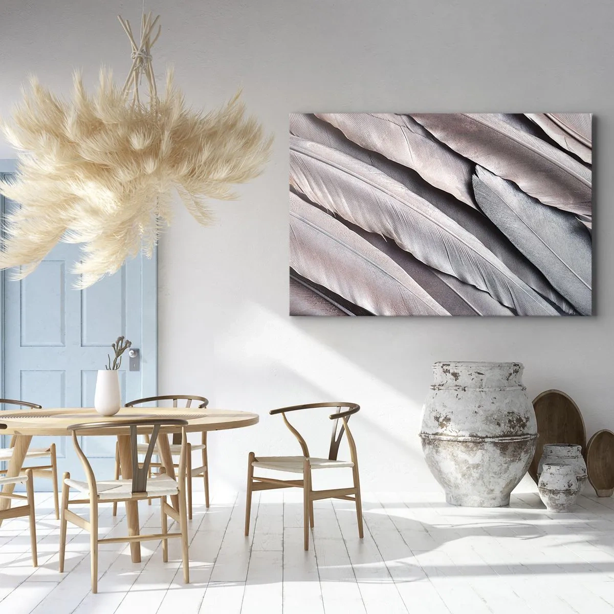 Obraz na plátne - Jemné pierka v jemných odtieňoch sivej a béžovej - 70x50cm - V ružovej a striebornej - Moderná nástenná dekorácia do obývacej izby a spálne ARTTOR