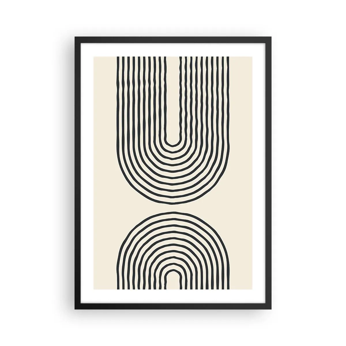 Plagát v čiernom ráme - Abstraktný vzor s čiarami tvoriacimi symetrické oblúky v minimalistickom štýle. - 50x70cm - Už čoskoro… - Moderná nástenná dekorácia do obývacej izby a spálne ARTTOR