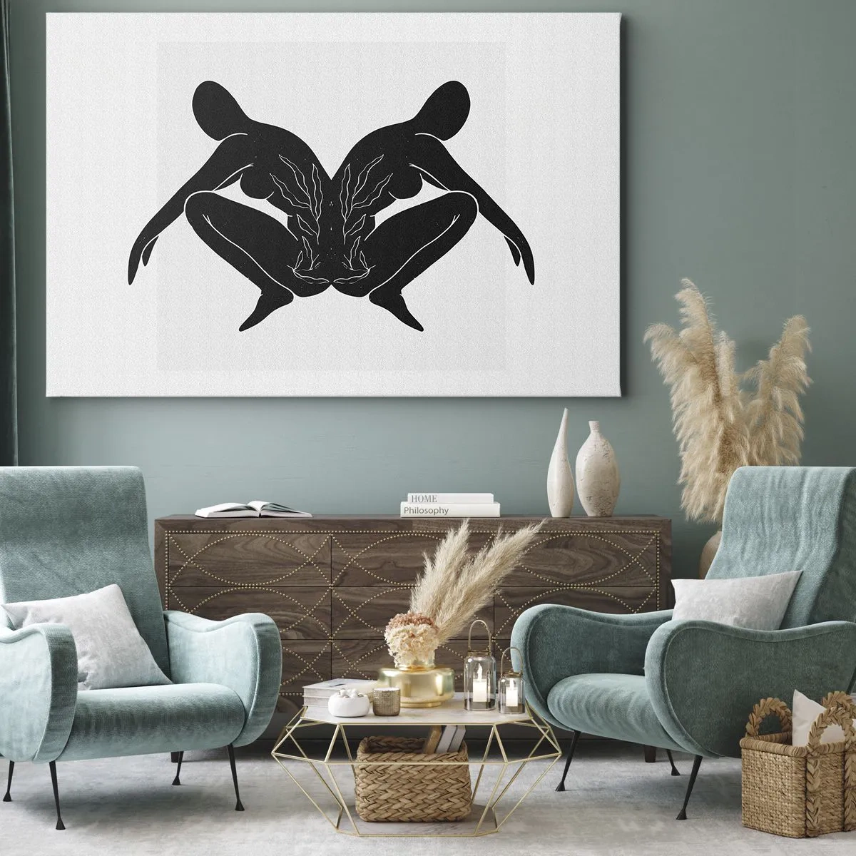 Obraz na plátne - Čierne siluety v symetrickej polohe na bielom pozadí - 70x50cm - Spoločná duša - Moderná nástenná dekorácia do obývacej izby a spálne ARTTOR