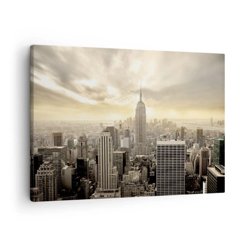 Obraz na plátne - Panoráma mesta s výhľadom na Empire State Building - 70x50cm - New York utkaný zo šedej - Moderná nástenná dekorácia do obývacej izby a spálne ARTTOR