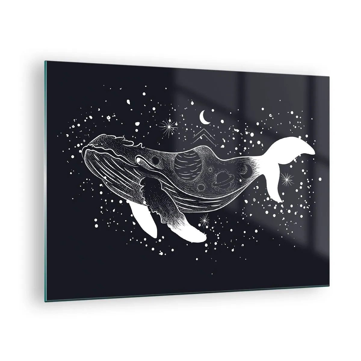 Obraz na skle - Grafická biela silueta veľryby vznášajúcej sa vo vesmíre - 70x50cm - V oceáne vesmíru - Moderná nástenná dekorácia do obývacej izby a spálne ARTTOR