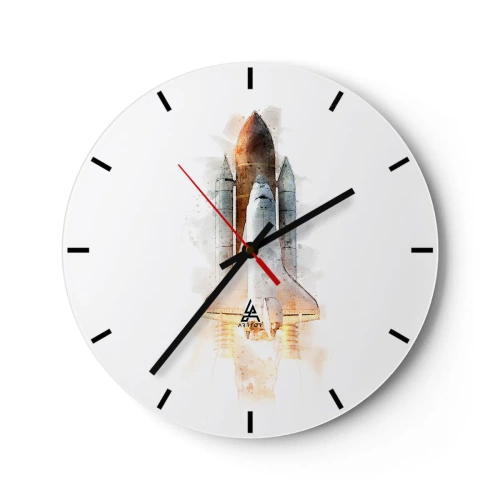 Nástenné hodiny - Štart rakety v akvarelovom štýle na bielom pozadí - 30x30cm - Prieskumníci do toho - Moderná nástenná dekorácia do obývacej izby, kuchyne a spálne ARTTOR