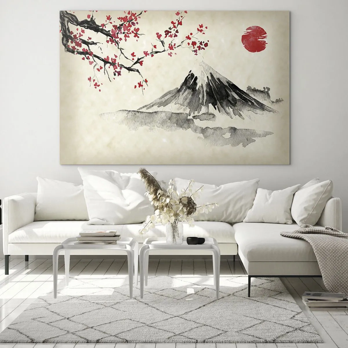 Obraz na skle - Japonská akvarelová maľba hory a kvitnúcej vetvy - 70x50cm - Zamilujte sa do Japonska - Moderná nástenná dekorácia do obývacej izby a spálne ARTTOR