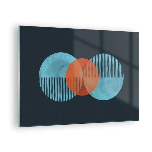 Obraz na skle - Farebné kruhy so zvislými čiarami na tmavom pozadí - 70x50cm - Symetrická kompozícia - Moderná nástenná dekorácia do obývacej izby a spálne ARTTOR