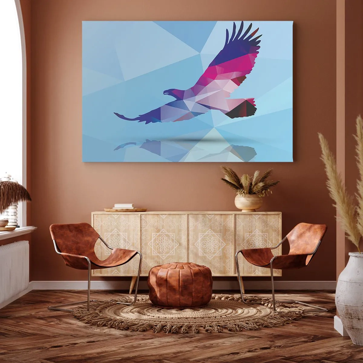 Obraz na plátne - Geometrická silueta orla za letu na modrom pozadí - 70x50cm - Orol v ľaliovom krištáli - Moderná nástenná dekorácia do obývacej izby a spálne ARTTOR